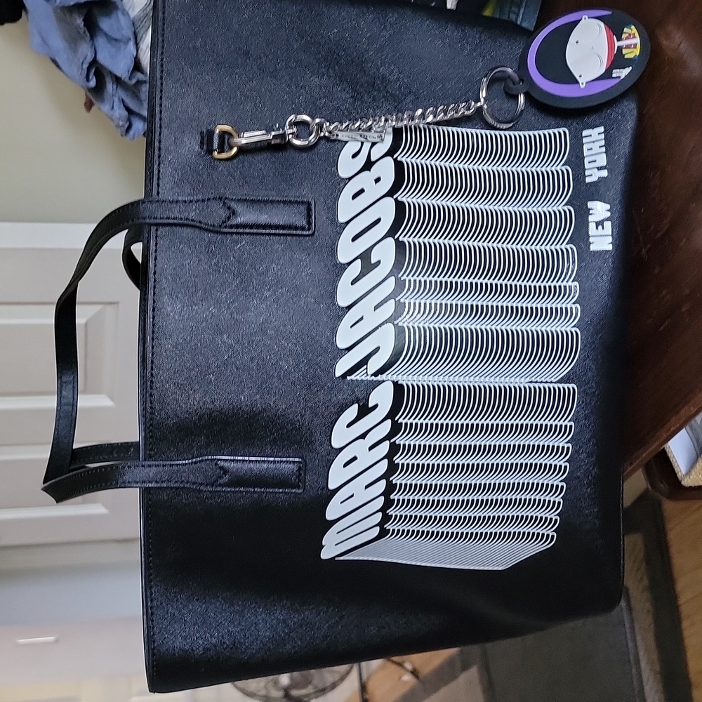 Marc Jacobs Black Tote with White Logo and Purple Charm